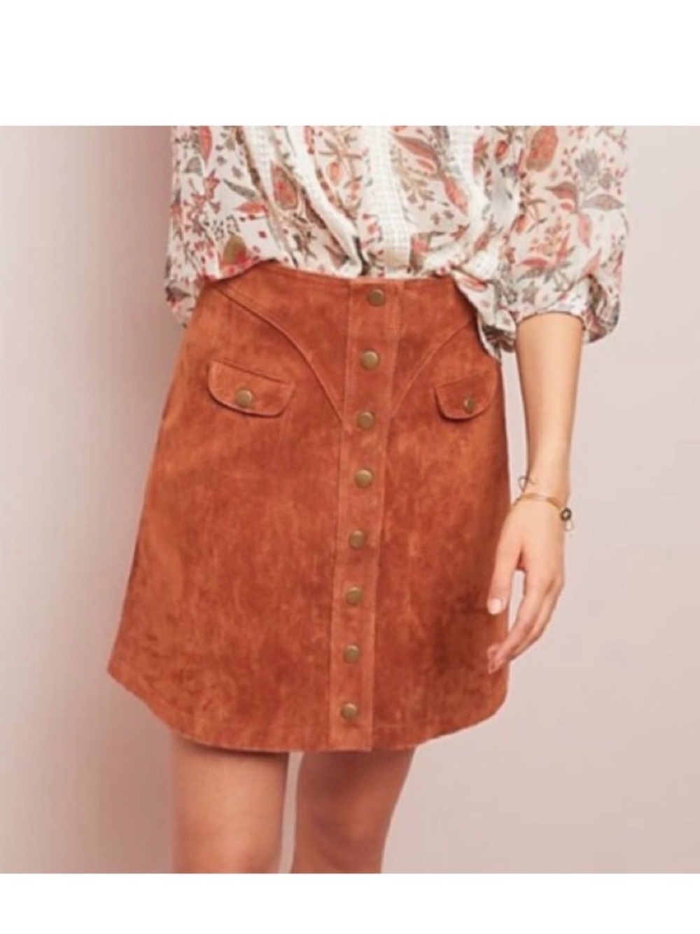 Anthropologie Suede Leather Rust
Brown Button Front Mini Skirt - Picture 2 of 8